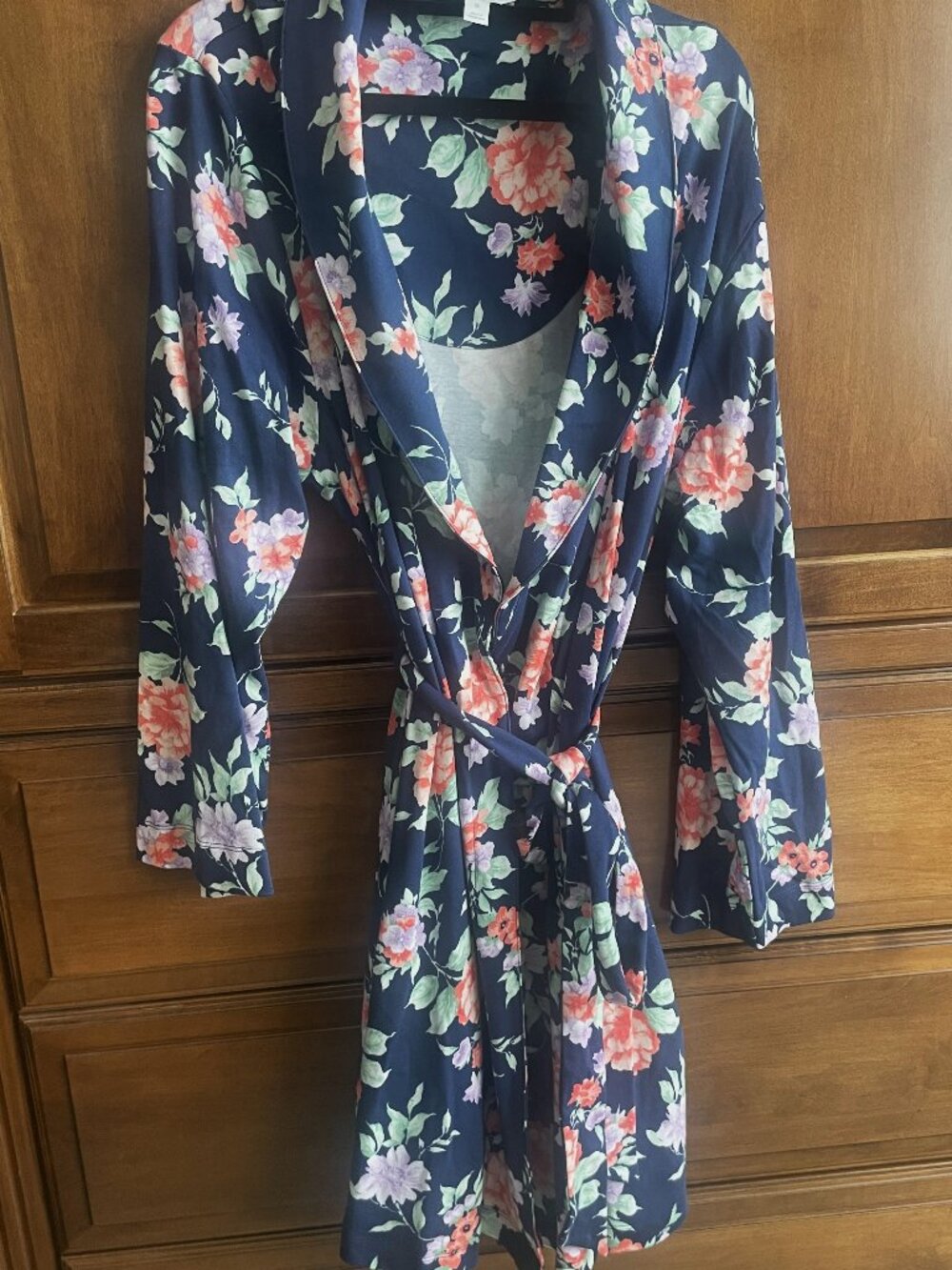 Charter Club Short Lined Floral Navy Wrap Bathrobe with Pockets 100% Cotton